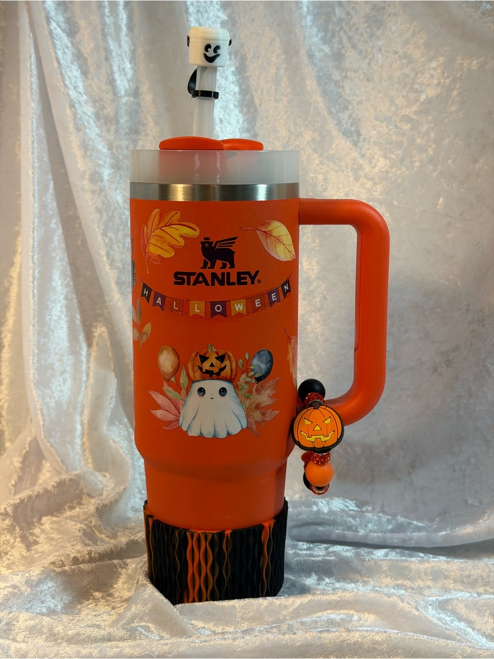 Stanley Orange Halloween Travel Mug with Ghost & Pumpkin Graphics